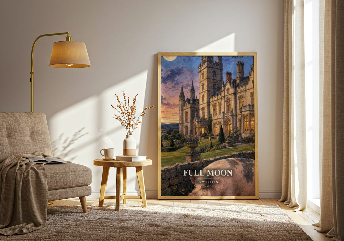 Full Moon watercolour print in frame leaning in hallway – satire wall art (mockup)