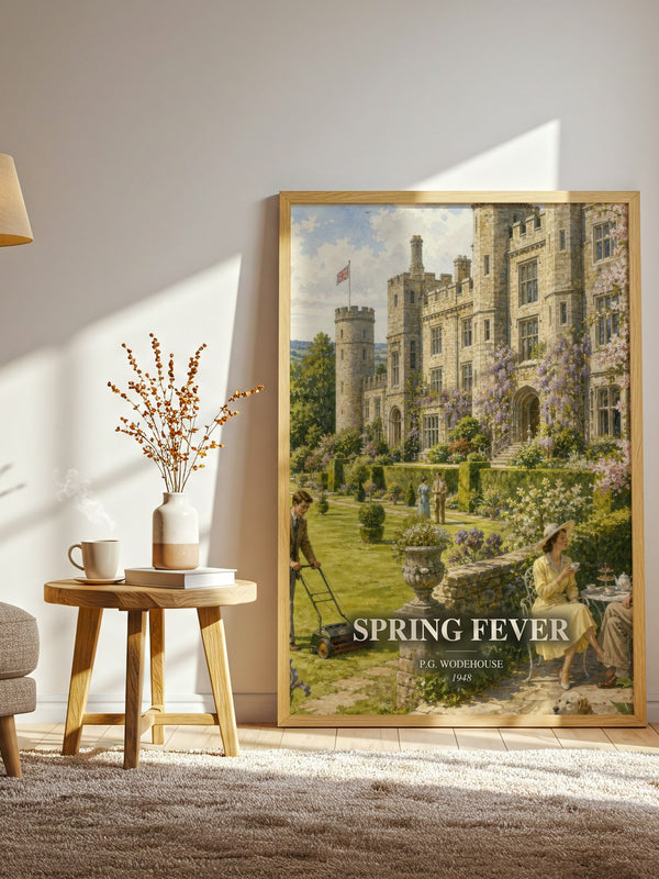 Spring Fever watercolour print in frame leaning in hallway – satire wall art