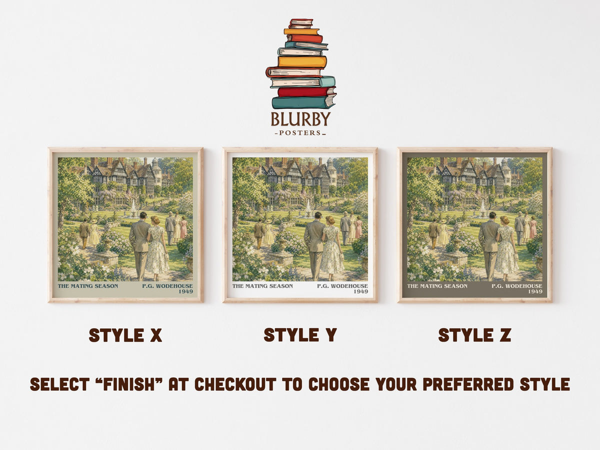 The Mating Season literary print in frame leaning in hallway – satire wall art (mockup)