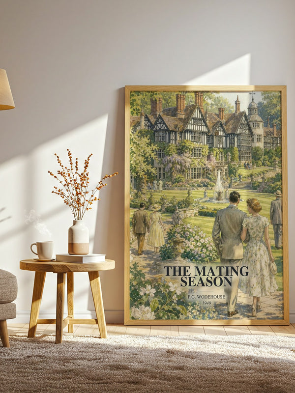 The Mating Season watercolour print in frame leaning in hallway – satire wall art