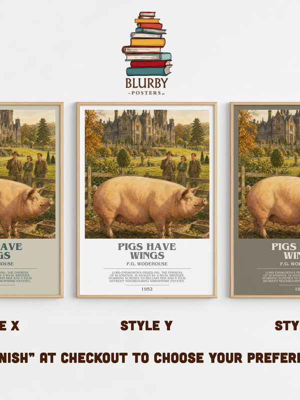 Pigs Have Wings bookish print in frame leaning in hallway – satire wall art