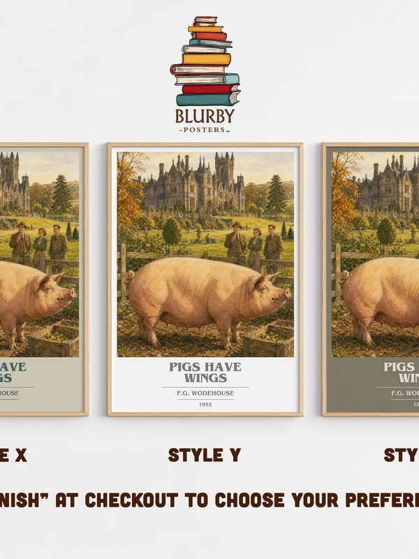Pigs Have Wings book cover print in frame leaning in hallway – satire wall art