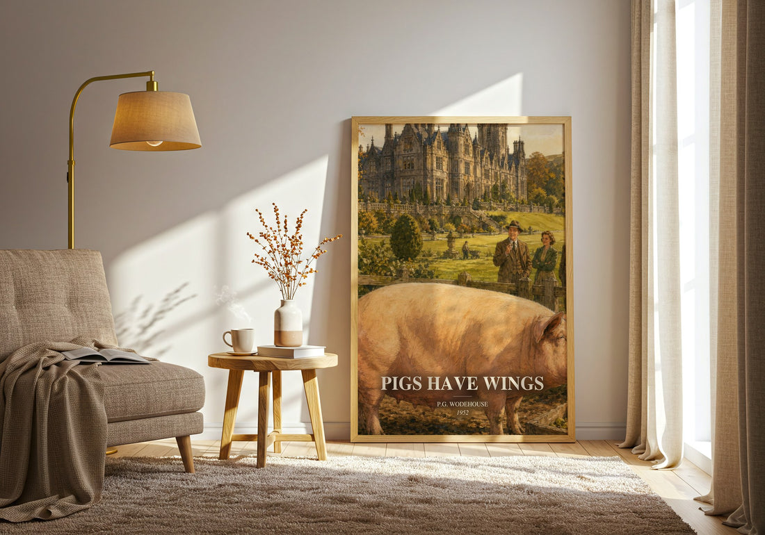 Pigs Have Wings watercolour print in frame leaning in hallway – satire wall art (mockup)