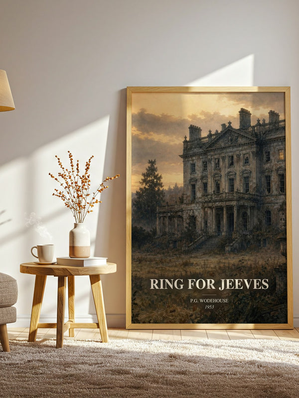 Ring for Jeeves watercolour print in frame leaning in hallway – satire wall art