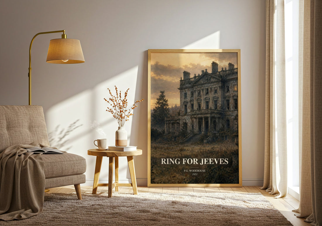 Ring for Jeeves watercolour print in frame leaning in hallway – satire wall art (mockup)
