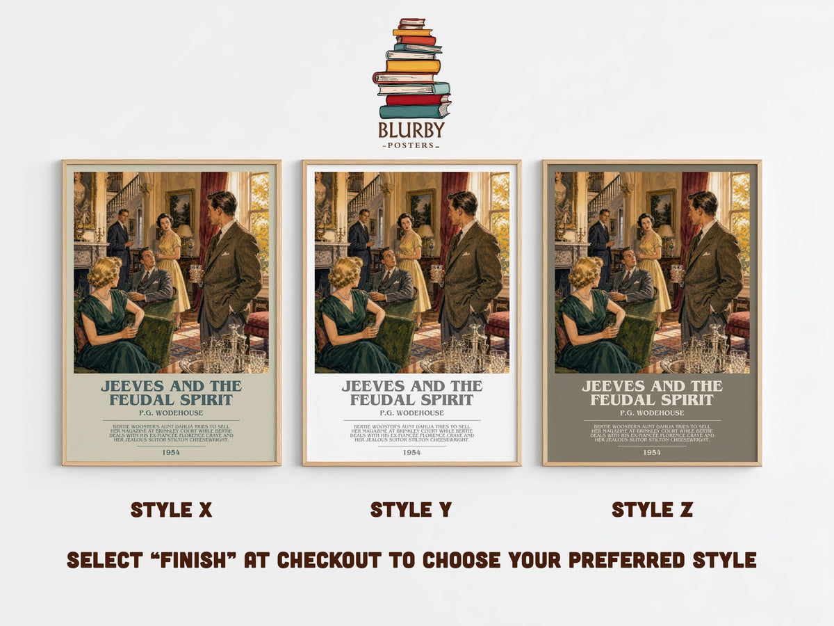 Jeeves and the Feudal Spirit bookish print in frame leaning in hallway – satire wall art (mockup)