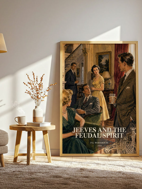 Jeeves and the Feudal Spirit watercolour print in frame leaning in hallway – satire wall art