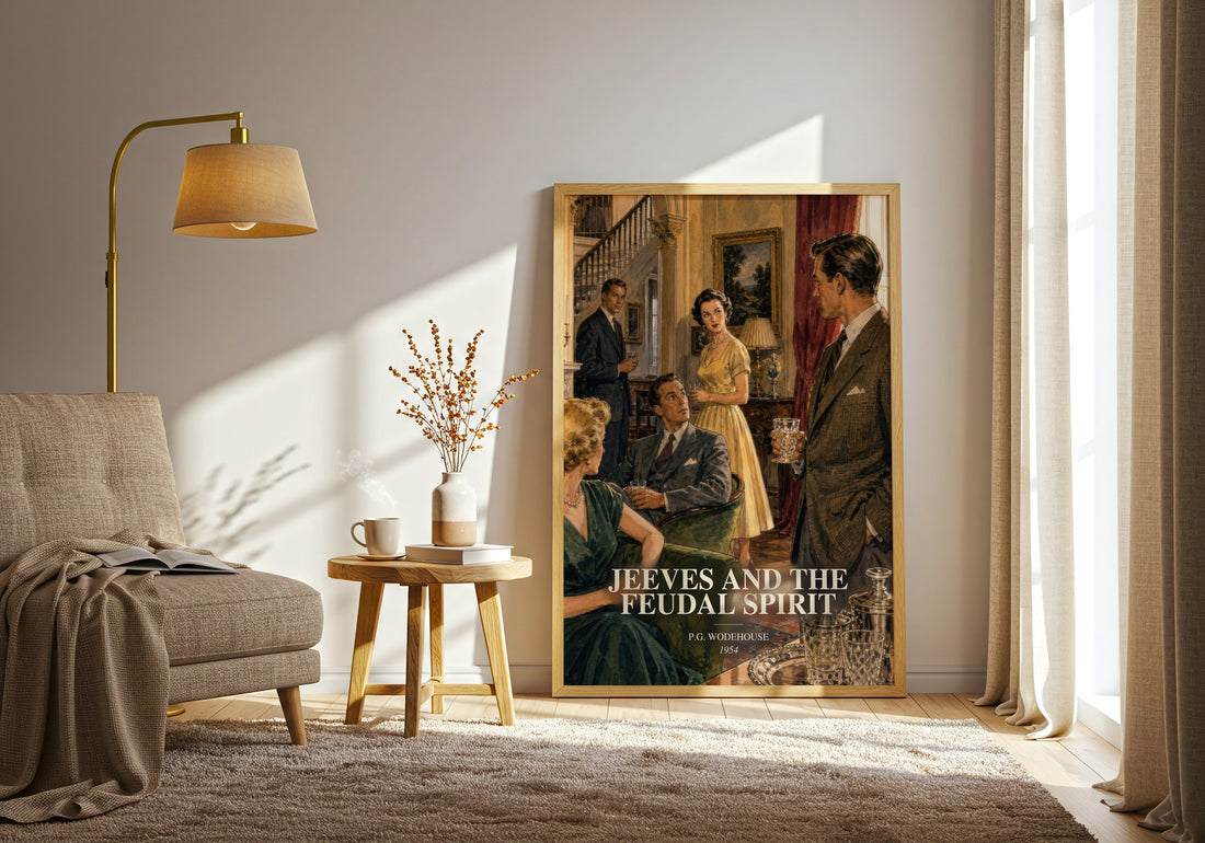 Jeeves and the Feudal Spirit watercolour print in frame leaning in hallway – satire wall art (mockup)