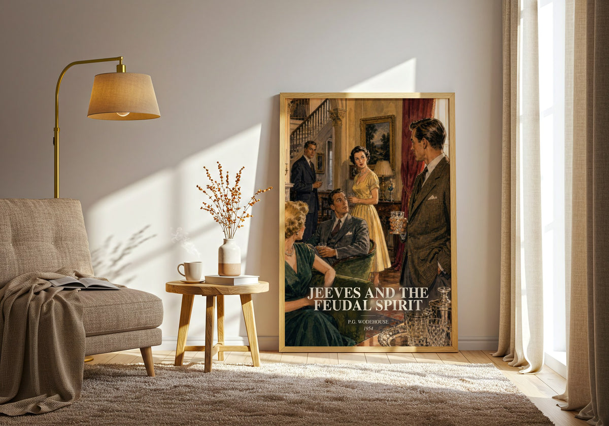 Jeeves and the Feudal Spirit watercolour print in frame leaning in hallway – satire wall art (mockup)