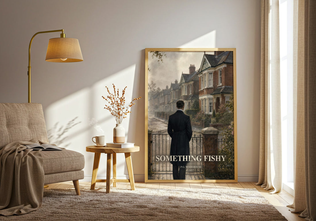 Something Fishy watercolour print in frame leaning in hallway – satire wall art (mockup)