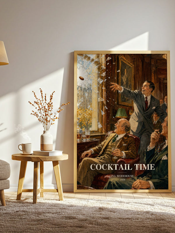 Cocktail Time watercolour print in frame leaning in hallway – satire wall art