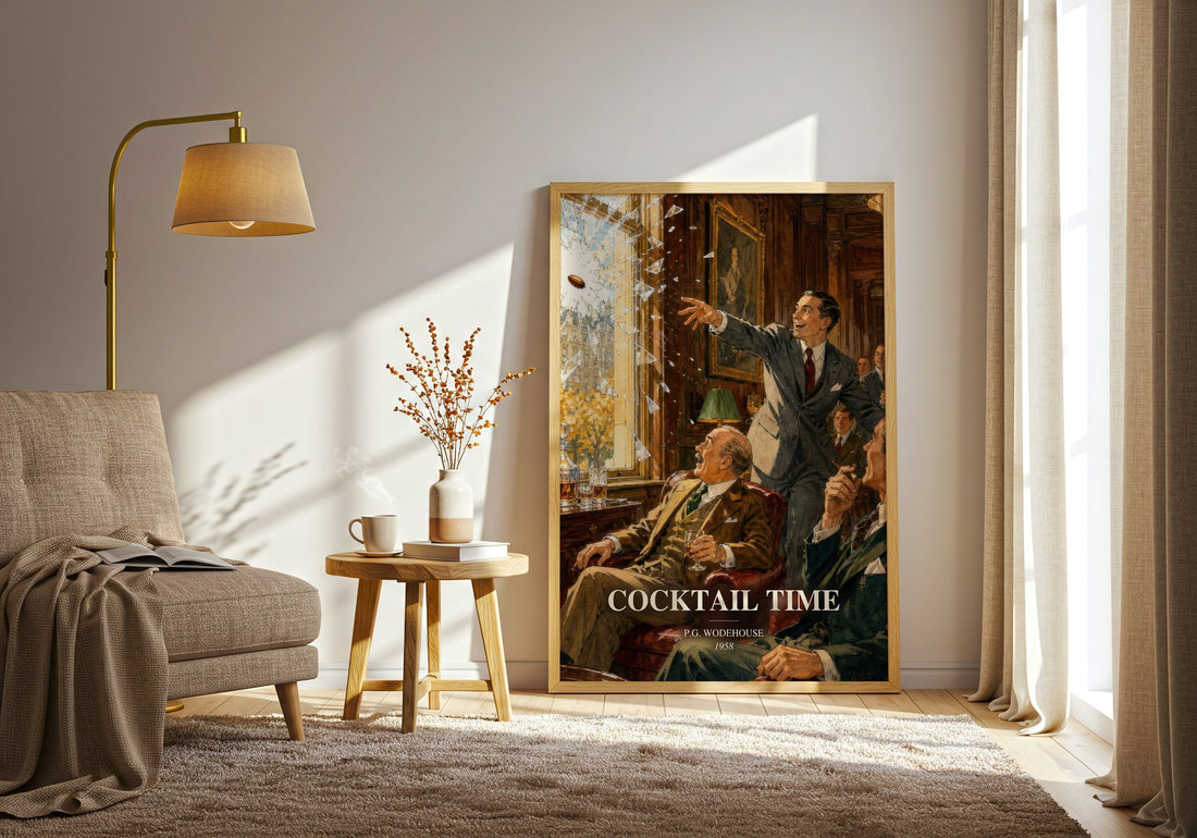 Cocktail Time watercolour print in frame leaning in hallway – satire wall art (mockup)