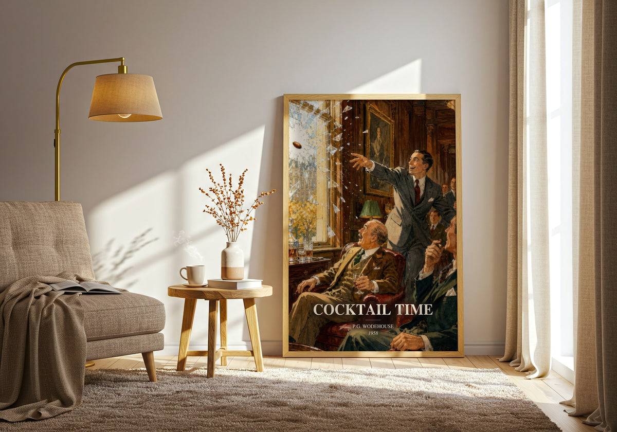 Cocktail Time watercolour print in frame leaning in hallway – satire wall art (mockup)