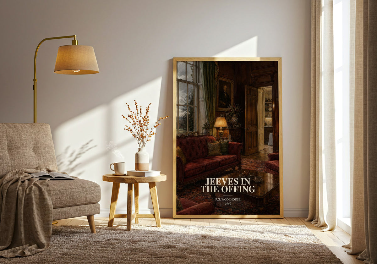 Jeeves in the Offing watercolour print in frame leaning in hallway – satire wall art (mockup)