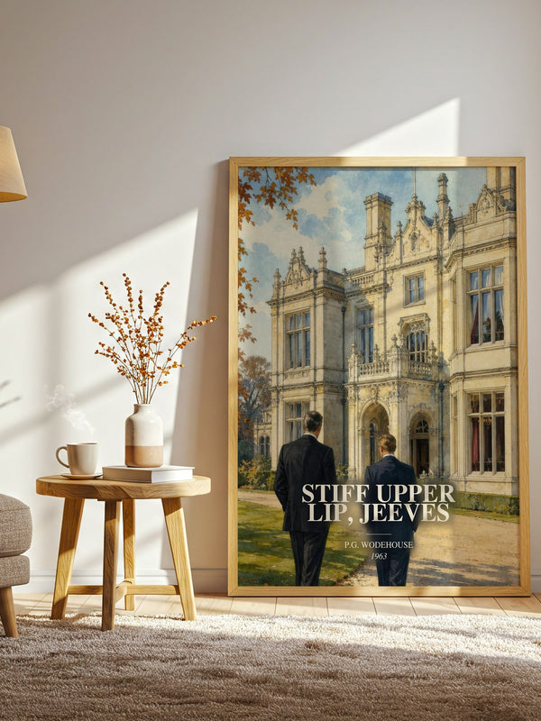 Stiff Upper Lip, Jeeves watercolour print in frame leaning in hallway – satire wall art