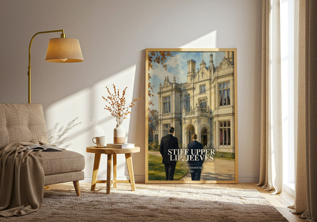 Stiff Upper Lip, Jeeves watercolour print in frame leaning in hallway – satire wall art (mockup)
