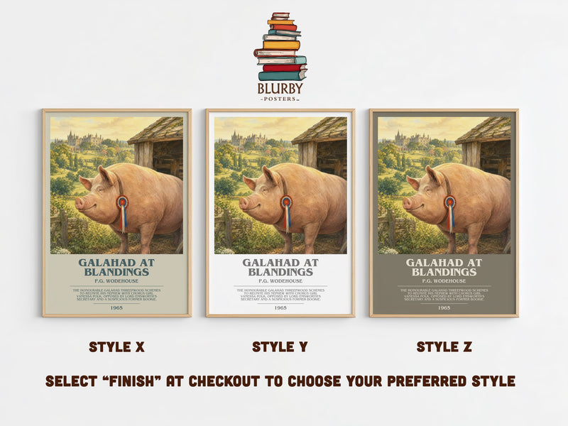 Galahad at Blandings bookish print in frame leaning in hallway – satire wall art