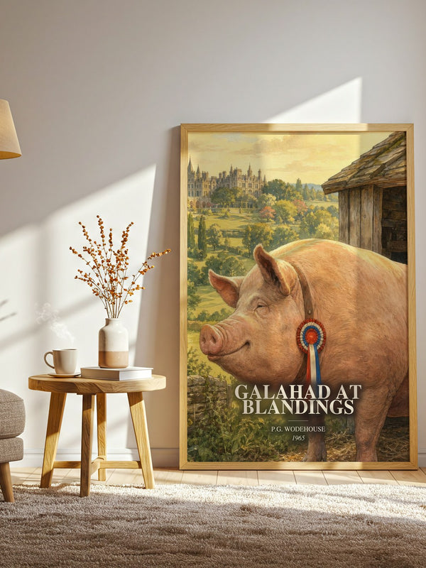 Galahad at Blandings watercolour print in frame leaning in hallway – satire wall art