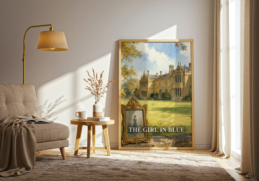 The Girl in Blue watercolour print in frame leaning in hallway – romance wall art (mockup)