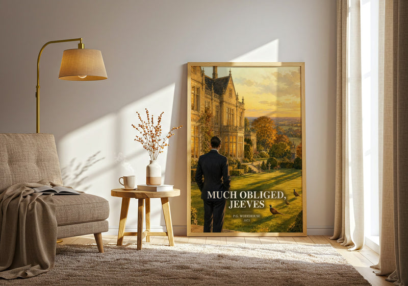 Much Obliged, Jeeves watercolour print in frame leaning in hallway – satire wall art
