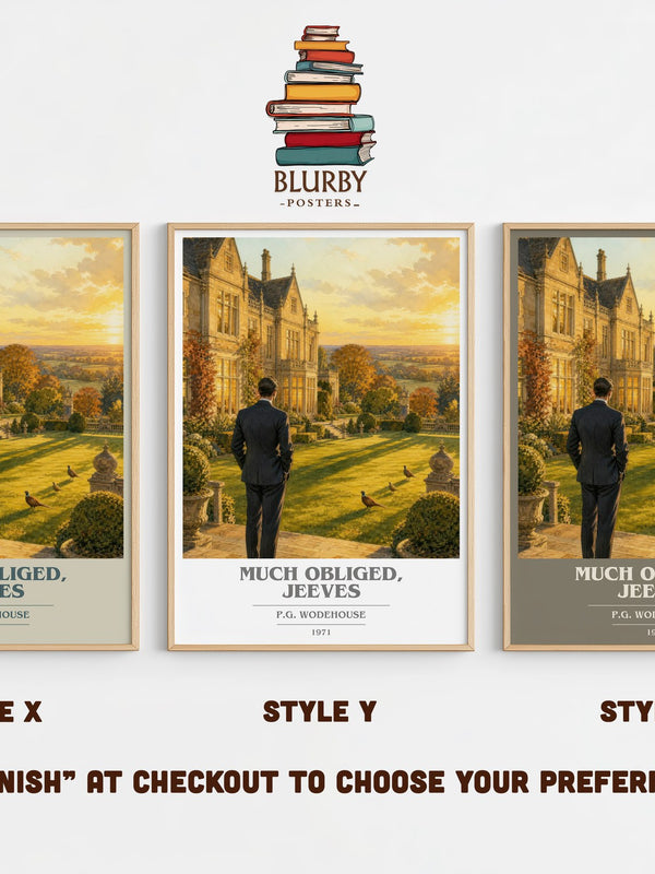 Much Obliged, Jeeves book cover print in frame leaning in hallway – satire wall art