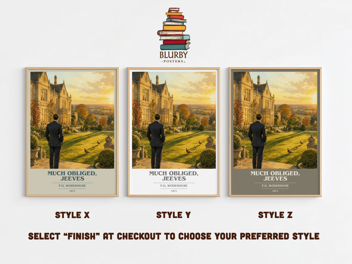 Much Obliged, Jeeves book cover print in frame leaning in hallway – satire wall art (mockup)