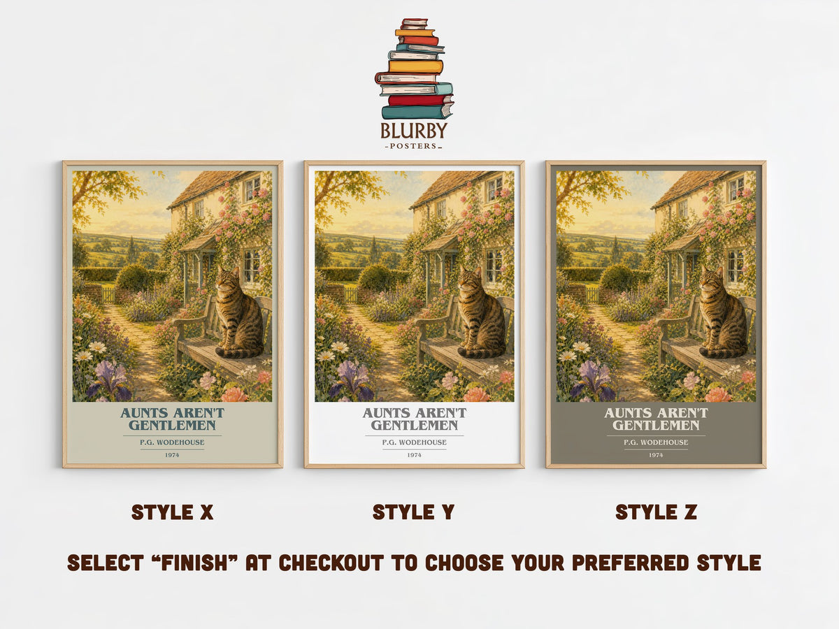 Aunts Aren't Gentlemen book cover print in frame leaning in hallway – satire wall art (mockup)
