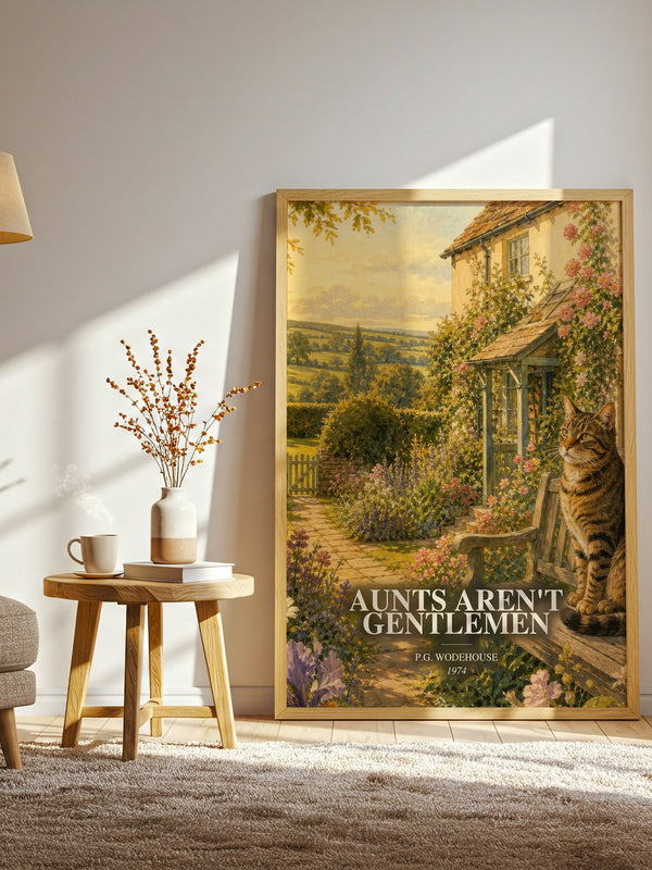 Aunts Aren't Gentlemen watercolour print in frame leaning in hallway – satire wall art