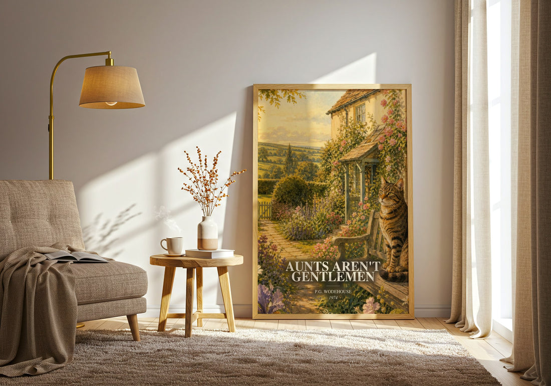 Aunts Aren't Gentlemen watercolour print in frame leaning in hallway – satire wall art (mockup)