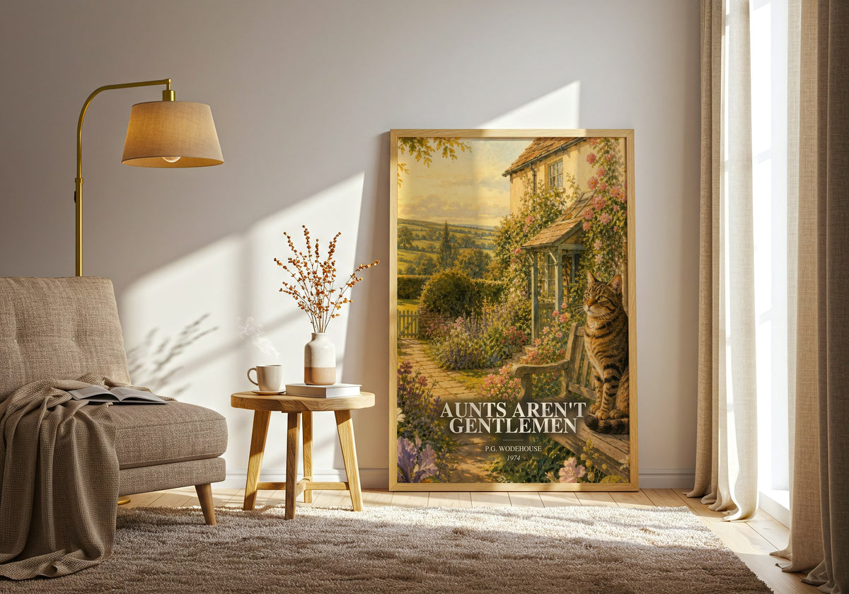 Aunts Aren't Gentlemen watercolour print in frame leaning in hallway – satire wall art (mockup)