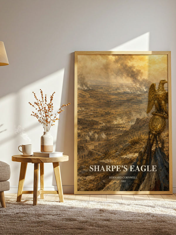 Sharpe's Eagle watercolour print in frame leaning in hallway – historical fiction wall art