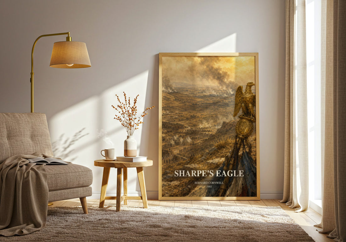 Sharpe's Eagle watercolour print in frame leaning in hallway – historical fiction wall art (mockup)