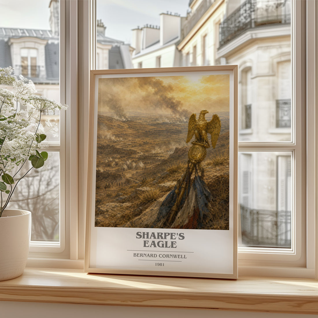 Sharpe's Eagle Book Cover Poster by Bernard Cornwell – framed print by a bright window