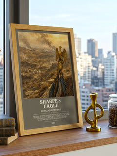 Sharpe's Eagle Bookish Wall Art by Bernard Cornwell – framed print on a city-view windowsill