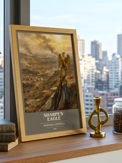 Sharpe's Eagle Book Cover Poster by Bernard Cornwell – framed print on a city-view windowsill