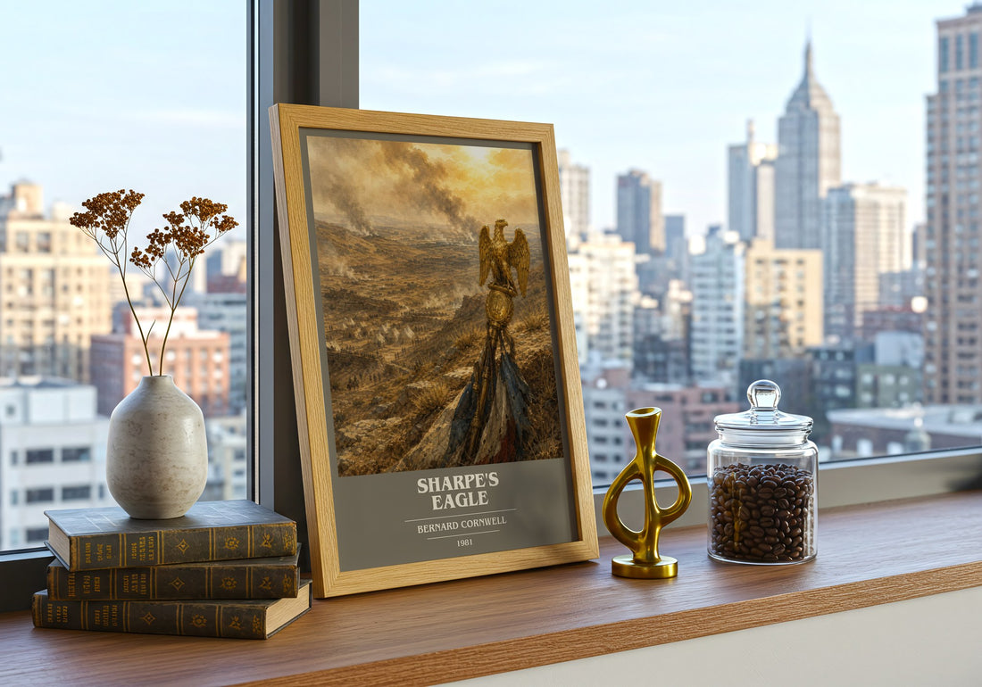 Sharpe's Eagle Book Cover Poster by Bernard Cornwell – framed print on a city-view windowsill