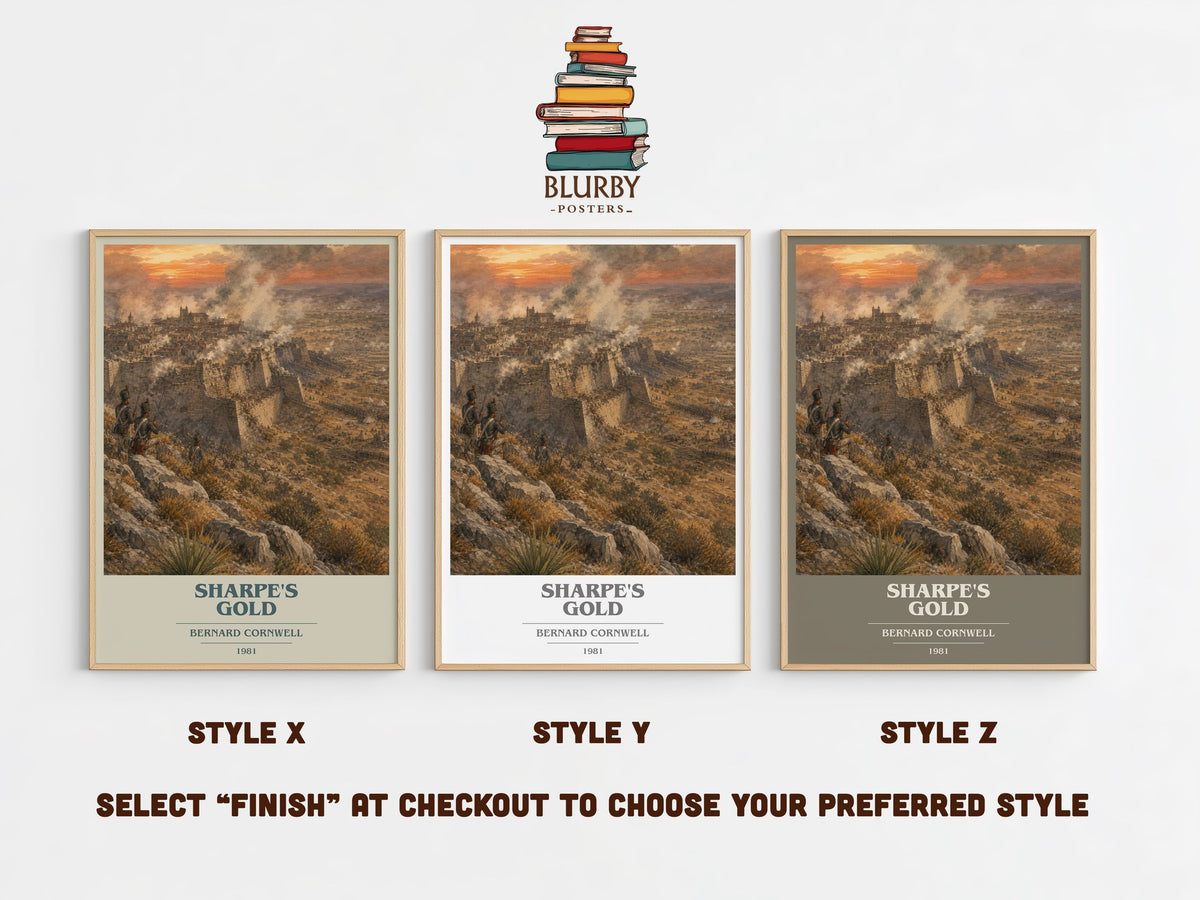 Sharpe's Gold book cover print in frame leaning in hallway – historical fiction wall art (mockup)
