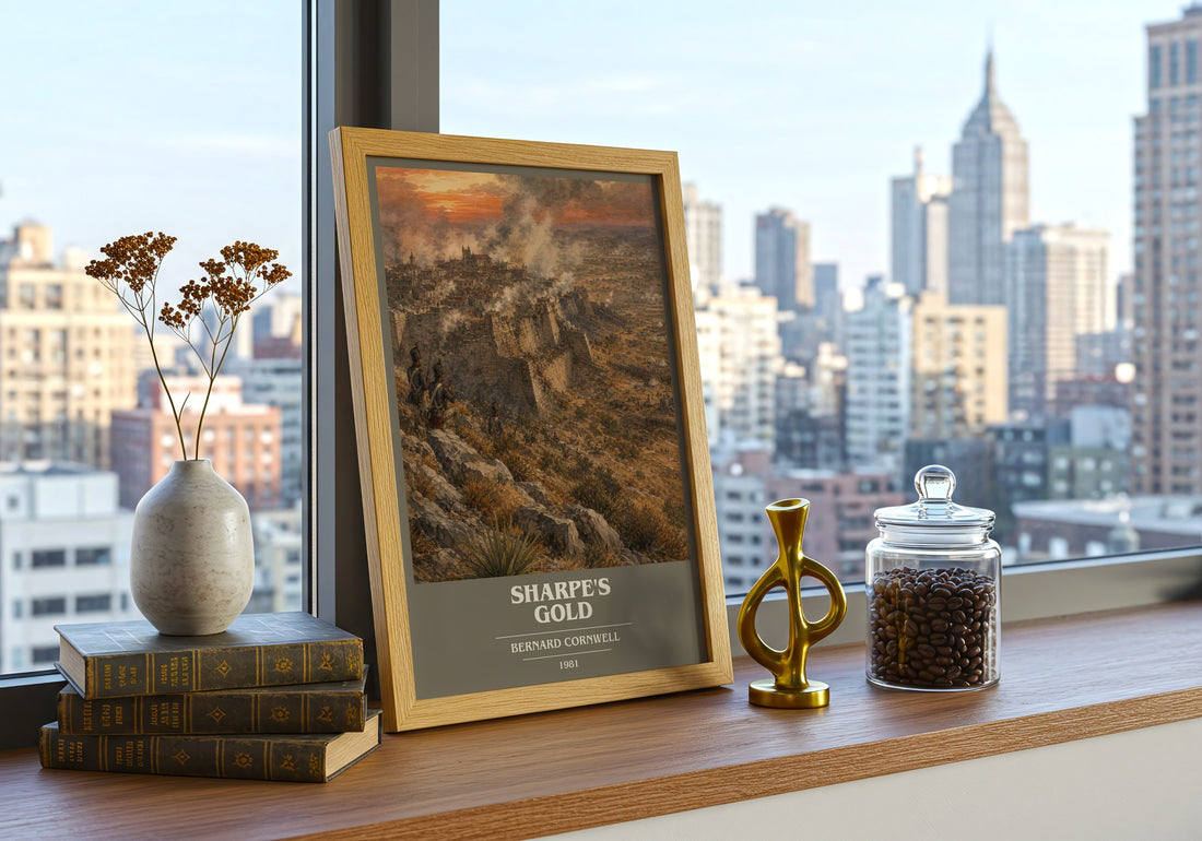Sharpe's Gold Book Cover Poster by Bernard Cornwell – framed print on a city-view windowsill