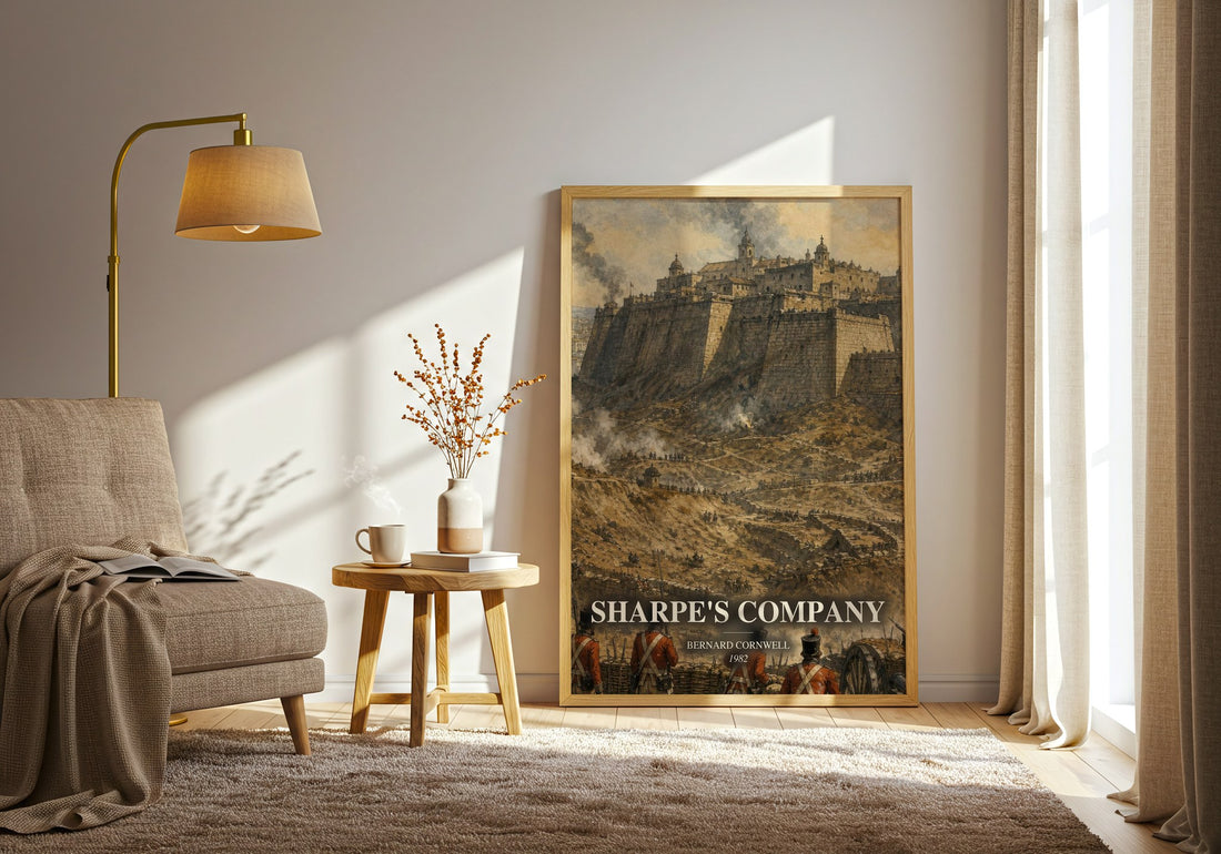 Sharpe's Company watercolour print in frame leaning in hallway – historical fiction wall art (mockup)