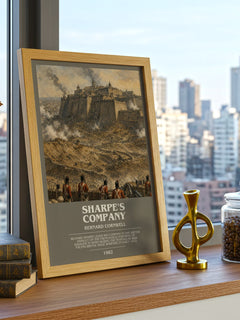 Sharpe's Company Bookish Wall Art by Bernard Cornwell – framed print on a city-view windowsill