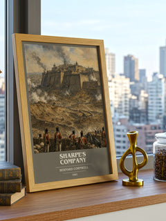 Sharpe's Company Book Cover Poster by Bernard Cornwell – framed print on a city-view windowsill