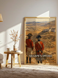 Sharpe's Sword watercolour print in frame leaning in hallway – historical fiction wall art