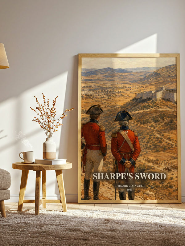 Sharpe's Sword watercolour print in frame leaning in hallway – historical fiction wall art