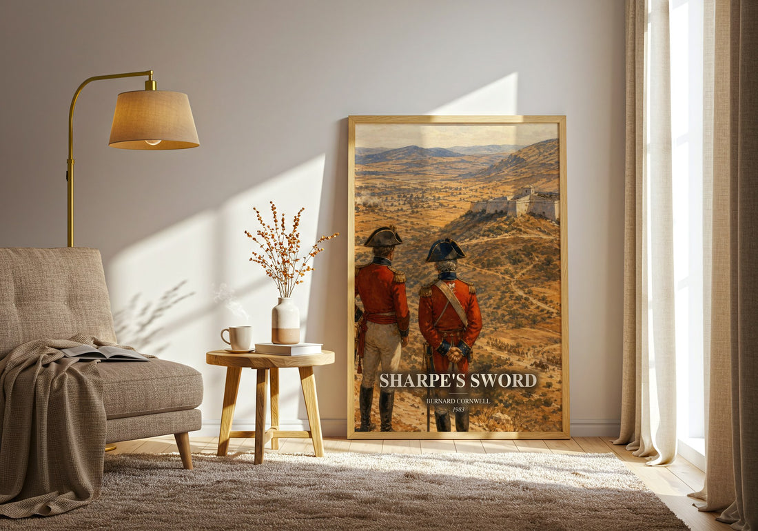 Sharpe's Sword watercolour print in frame leaning in hallway – historical fiction wall art (mockup)