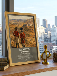 Sharpe's Sword Bookish Wall Art by Bernard Cornwell – framed print on a city-view windowsill