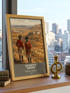 Sharpe's Sword Book Cover Poster by Bernard Cornwell – framed print on a city-view windowsill
