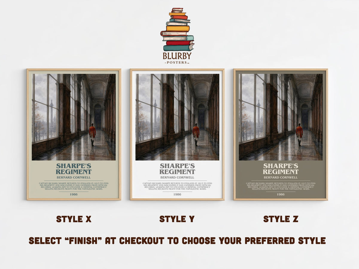 Sharpe's Regiment bookish print in frame leaning in hallway – historical fiction wall art (mockup)