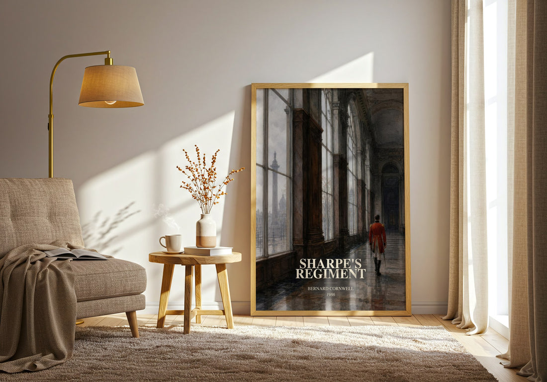 Sharpe's Regiment watercolour print in frame leaning in hallway – historical fiction wall art (mockup)