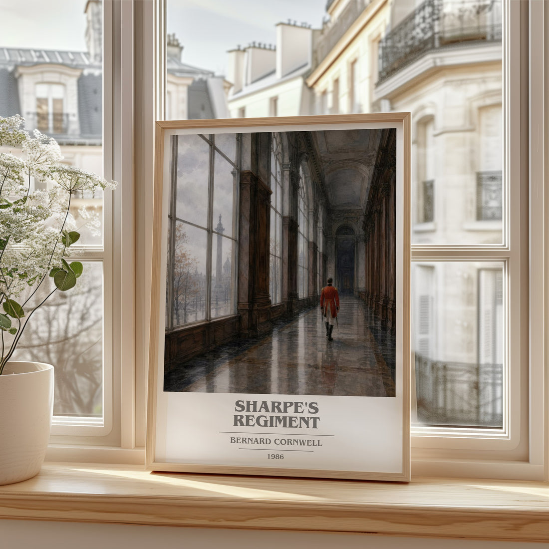 Sharpe's Regiment Book Cover Poster by Bernard Cornwell – framed print by a bright window