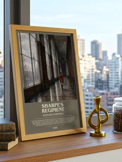 Sharpe's Regiment Bookish Wall Art by Bernard Cornwell – framed print on a city-view windowsill